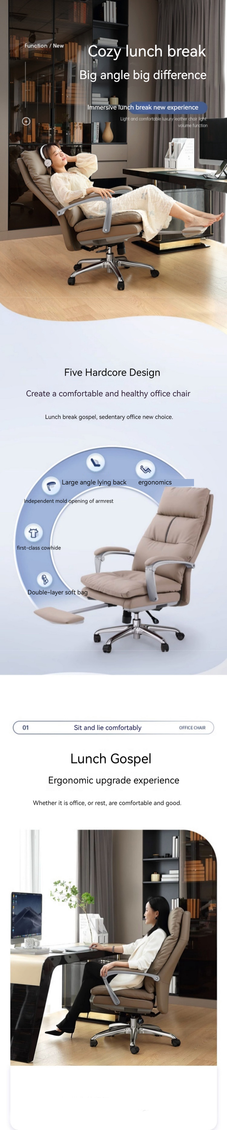 Comfortable Genuine Leather Office Chair with Footrest and Reclining Adjustable Height