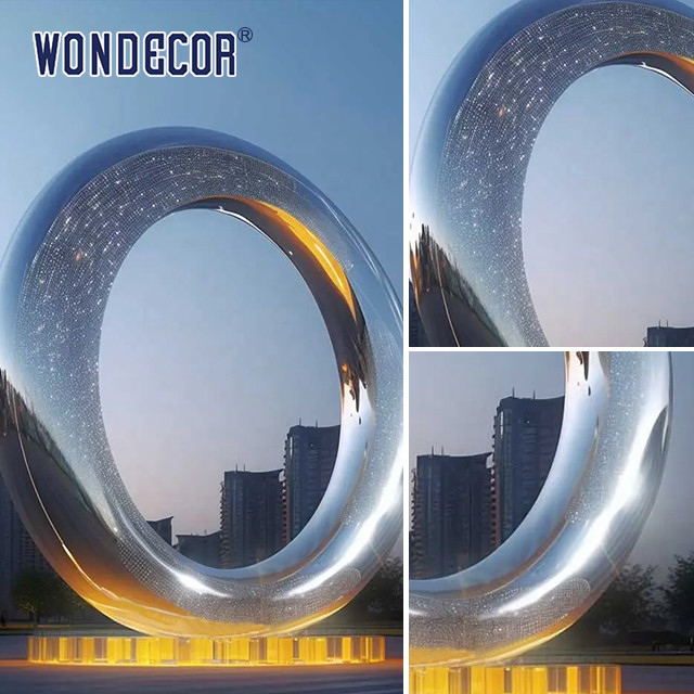 Large outdoor square forged metal modern geometry halo stainless steel sculpture
