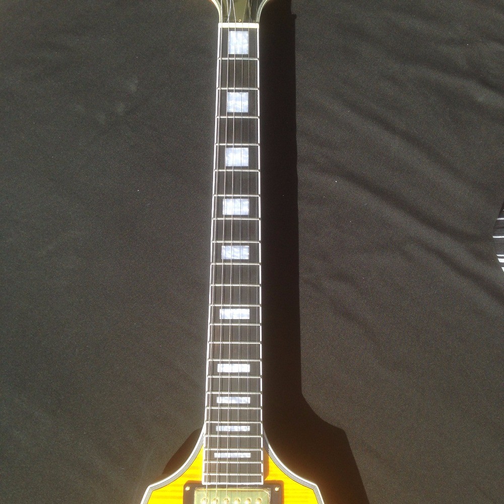 Good quality Electric Guitar with yellow colors and flybird shape by two pickups flying v electric guitar