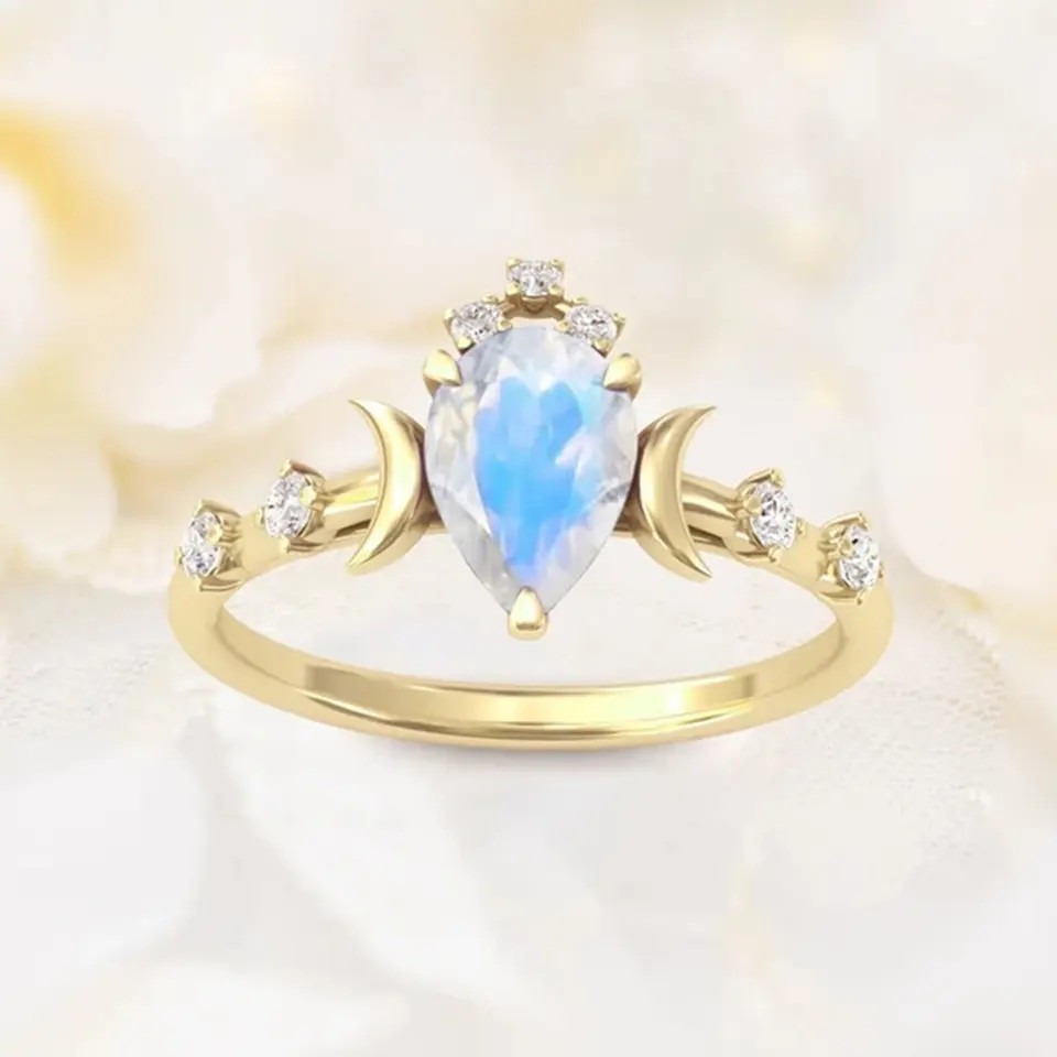 Natural Moonstone Gemstones 925 Silver Anniversary Jewelry Rings Genuine Pear Cut