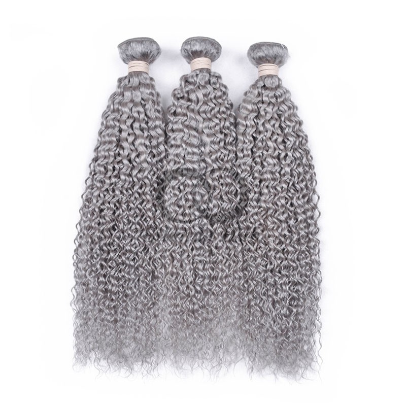 Grey Kinky Curly Remy Human Hair Bundles Sew In Weave Bundles Brazilian Bundle Deals