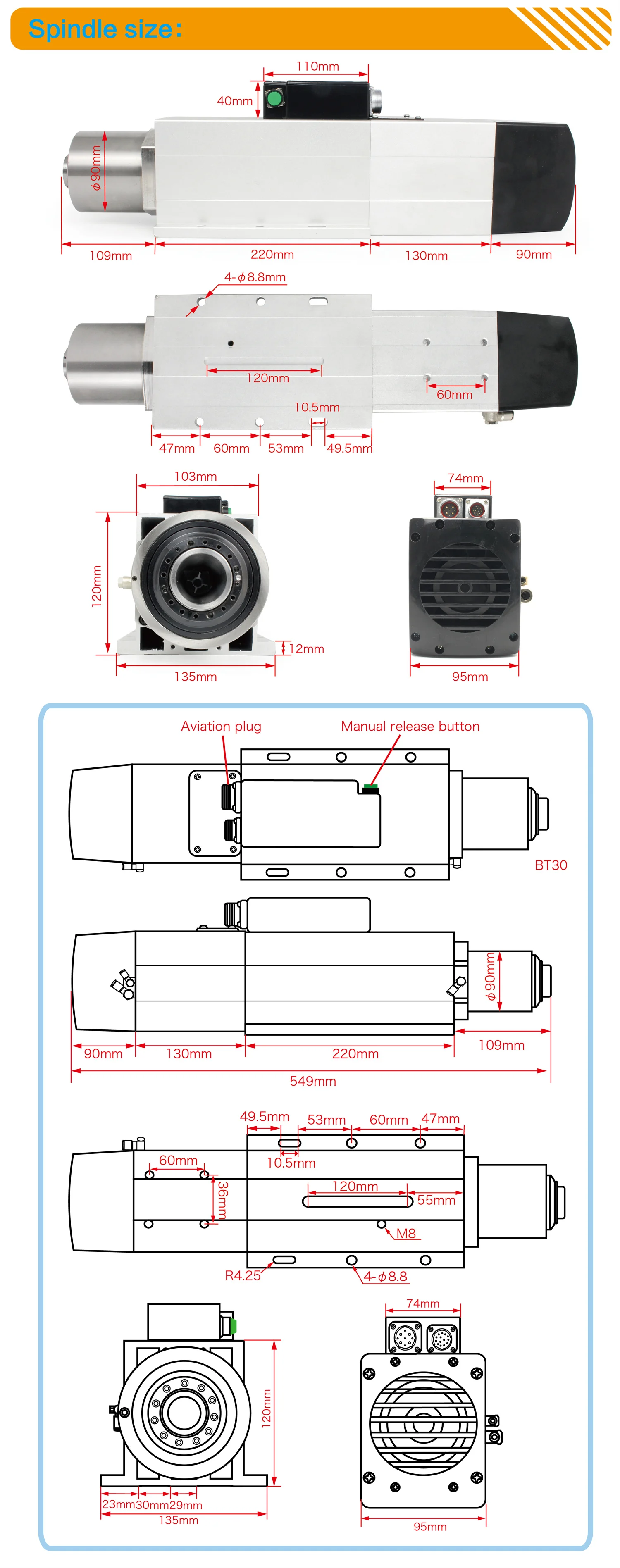 Air Cooled ATC Spindle Motor BT30 7.5KW 800Hz 380V For CNC Router Machine