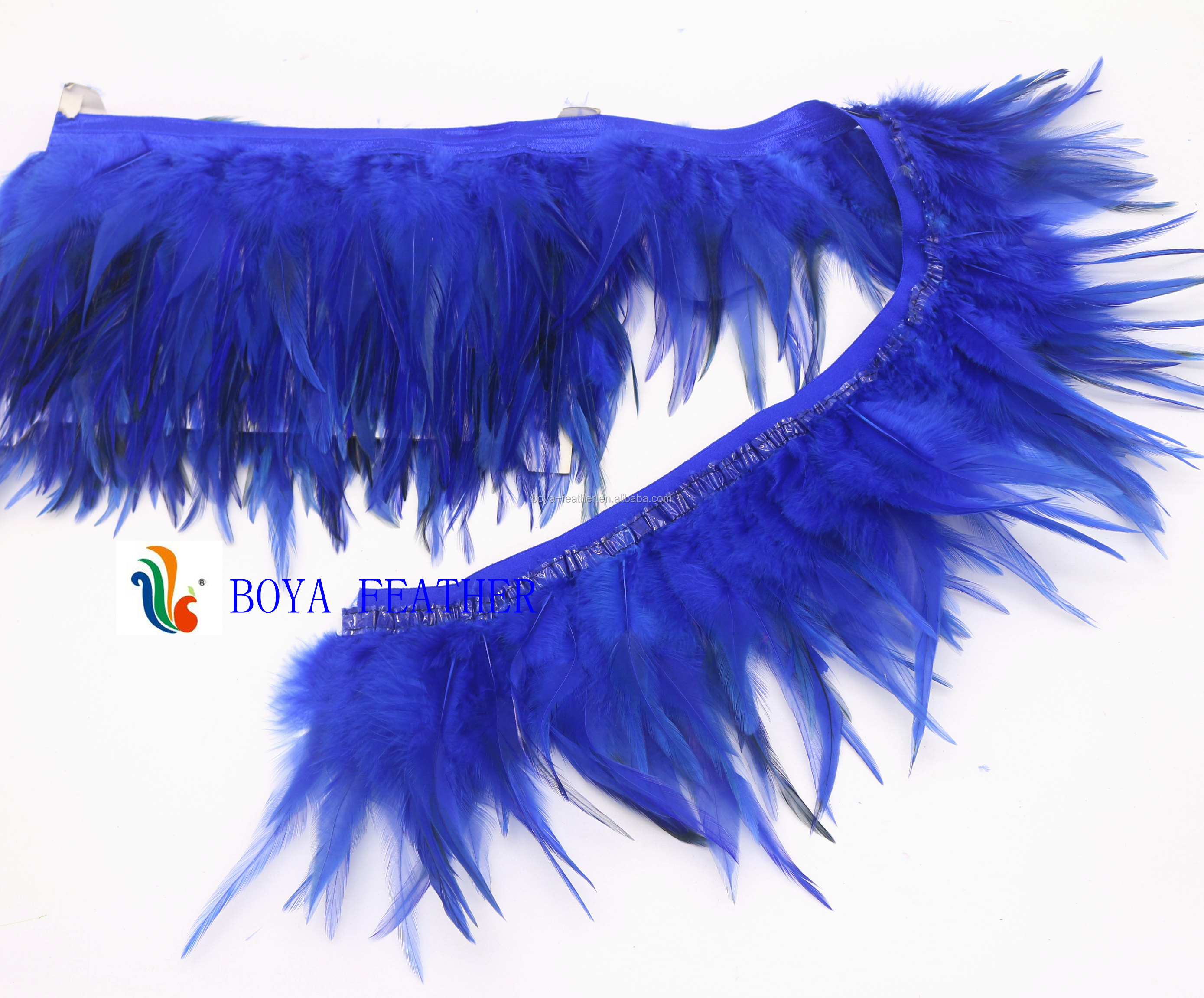 Stretch Saddle Hackle Feather Fringe Trimming with Satin Ribbon Tapes in Dyed Pattern