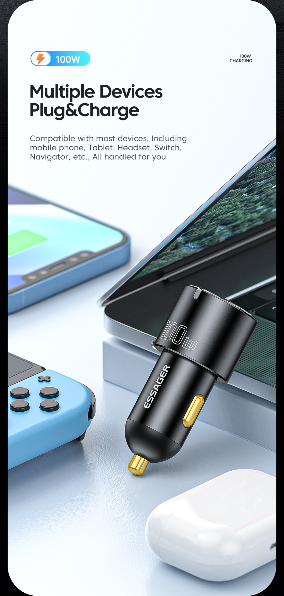 A+C Car Charger Black PD65W Type C And 35W USB-A Dual Port 100W Car Charger