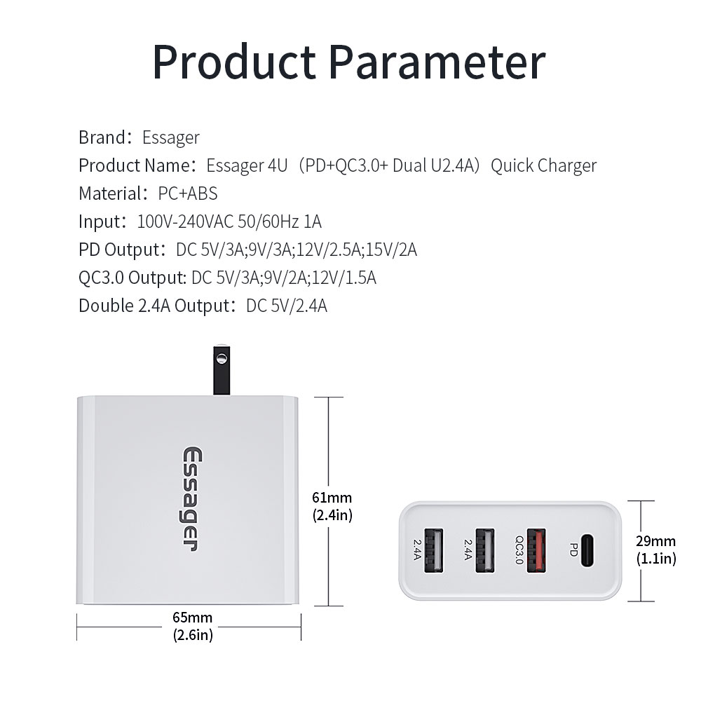 Essager 2021 Earl High-quality Essager 48W PD Charger 4 Port Wall Charger QC3.0 Wall Charger UK US Adapter