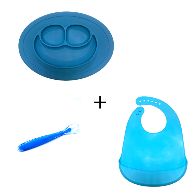Octagonal Shape Silicone Placemat Plate Baby Spoons And Waterproof Bib