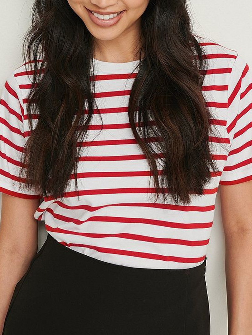 Unisex Striped Short Sleeve Round Neck T-Shirt Woven Technique Plain Dyed Women's Clothing