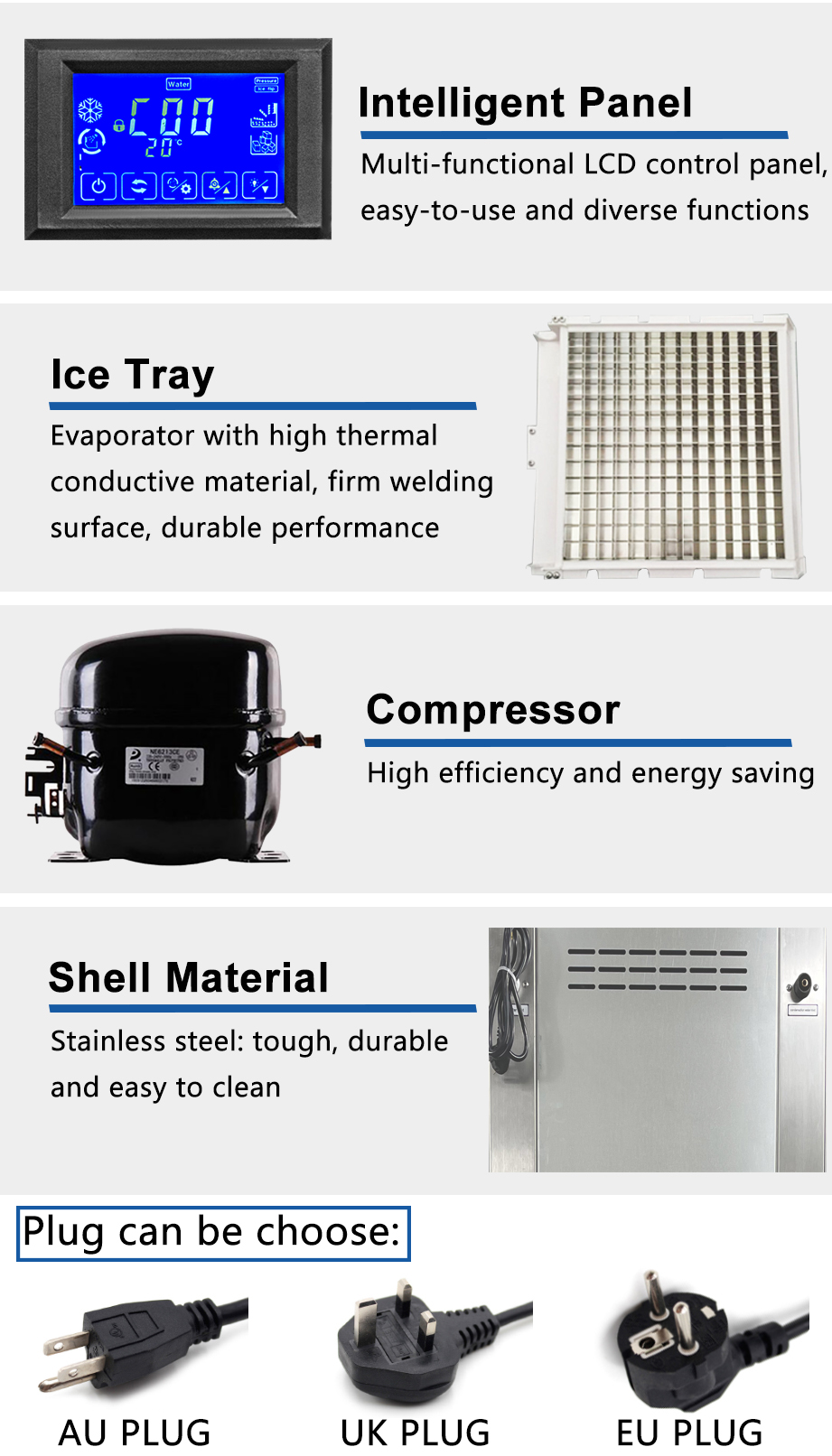 150kg/24h High Capacity Fast Making Stainless Steel Commercial Ice Cube Maker Machine 1000w Power Touchpad Control Panel