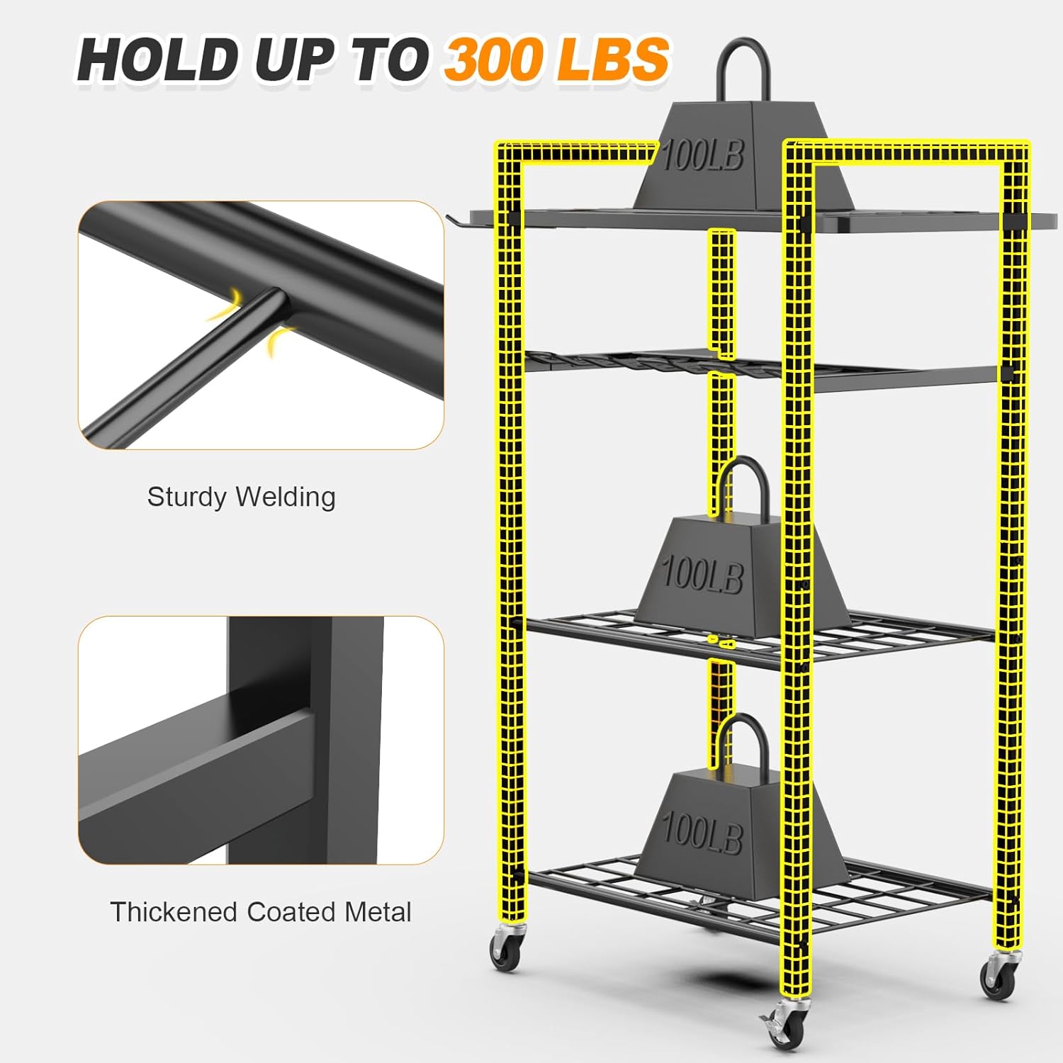 4 Layer Heavy Duty Metal Power Tool Storage Rack with Thick Rolling Cart and Wheel Floor