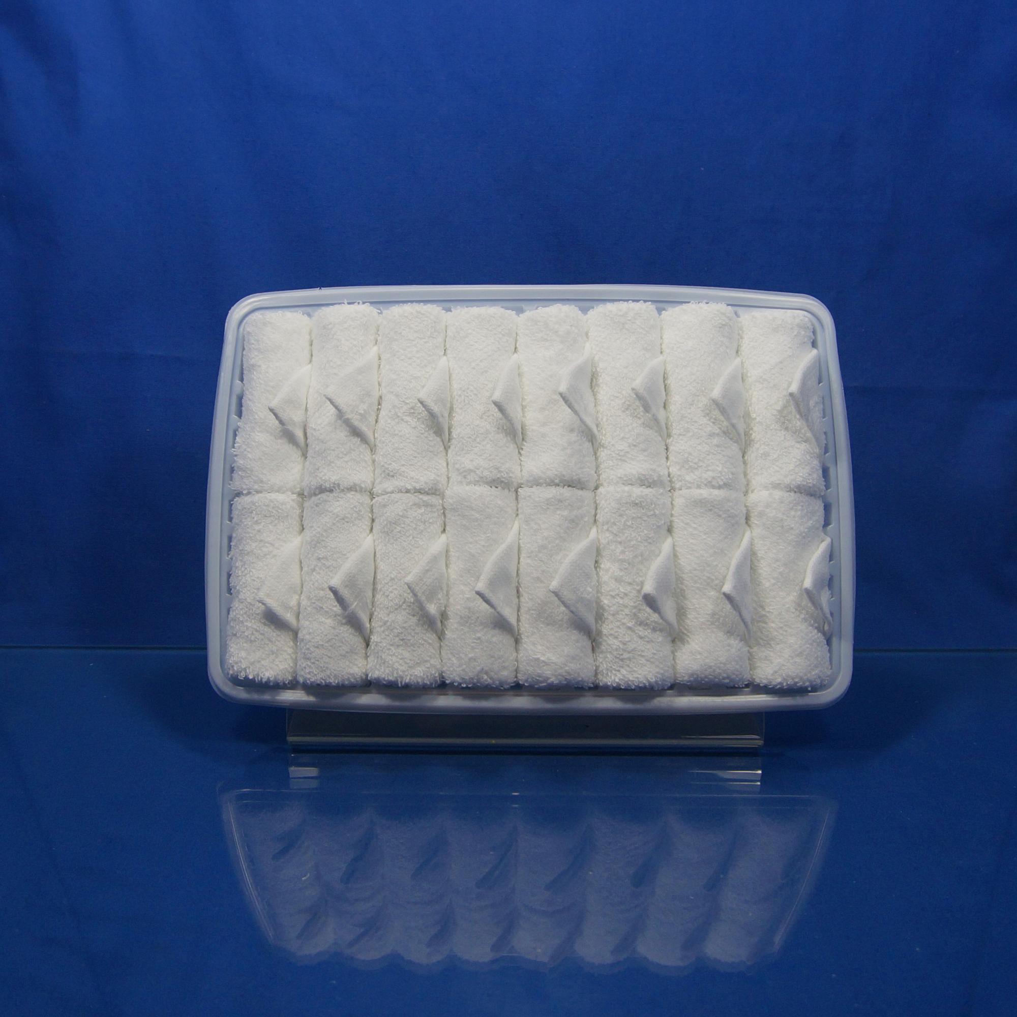 bright white rolled scented Disposable cotton airline towel in tray