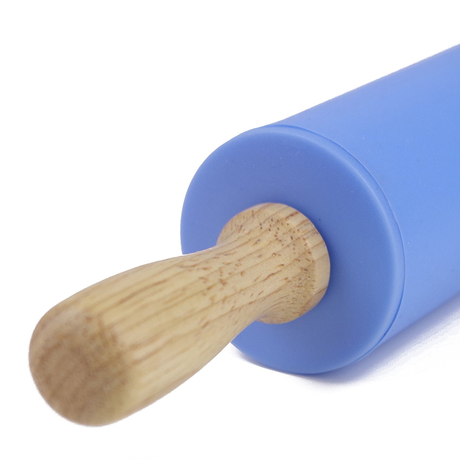 Safety FDA Food Grade Baking Tools Silicone Rolling Pin Non-stick Surface Wooden Handle (12 inch, Blue)