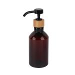 Amber Slanted Shoulder PET Bottle Natural Bamboo Long Nozzle Lotion Pump 7oz