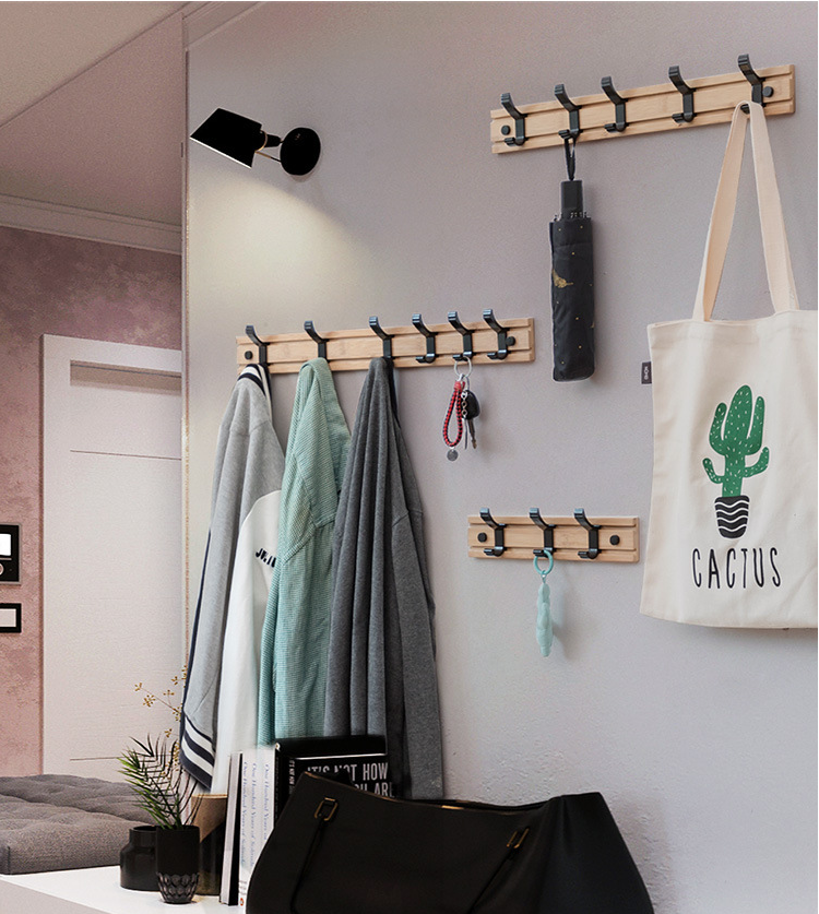 Coat Hat Hanger for Wall Organized and Storage with Movable Hooks Bamboo Sundries Rack