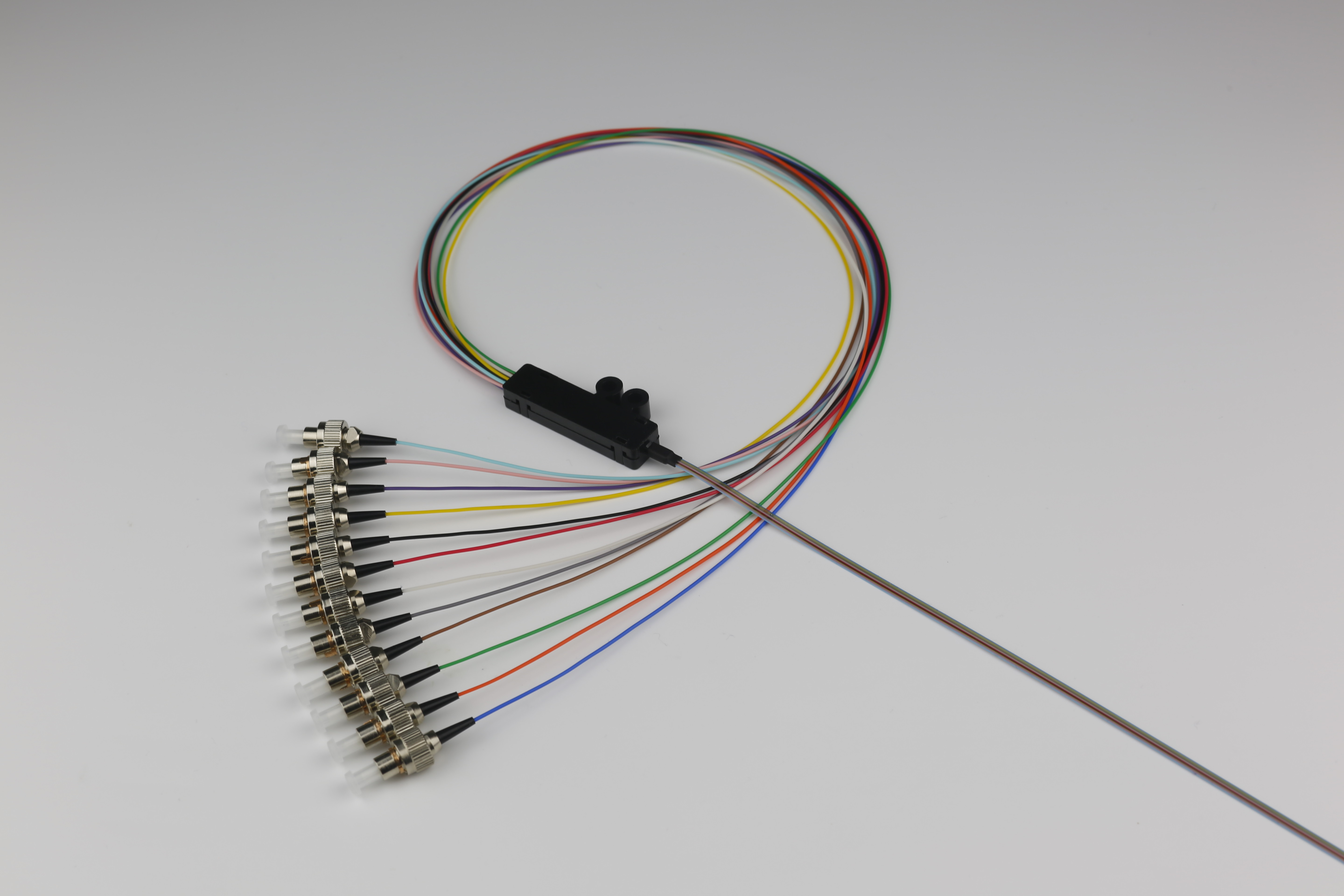 UPC / APC Polish Optical Fiber Pigtail SC LC ST FC 12 Core Ribbon Fan Out Tight Buffered