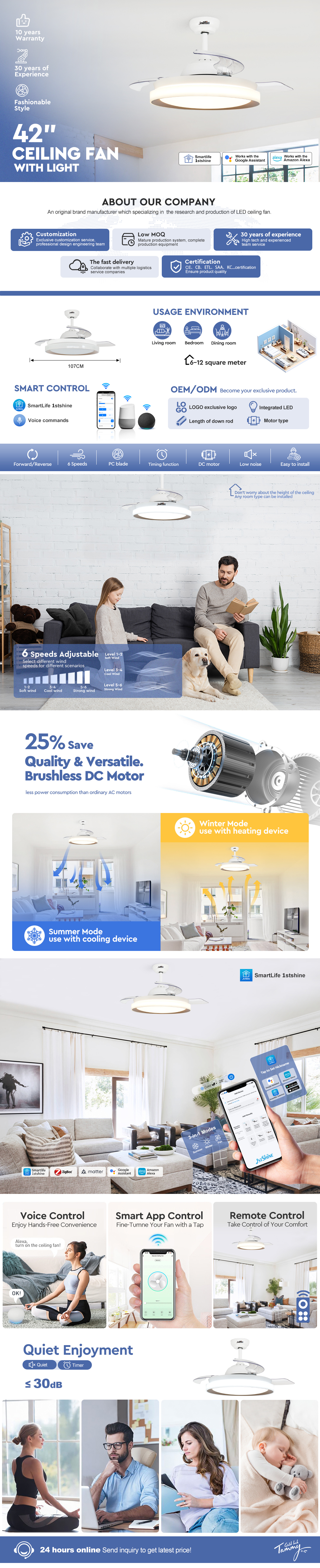 DC Motor Type LED Ceiling Fan with Folding Clear Blades 42 Inch Space Saving Design