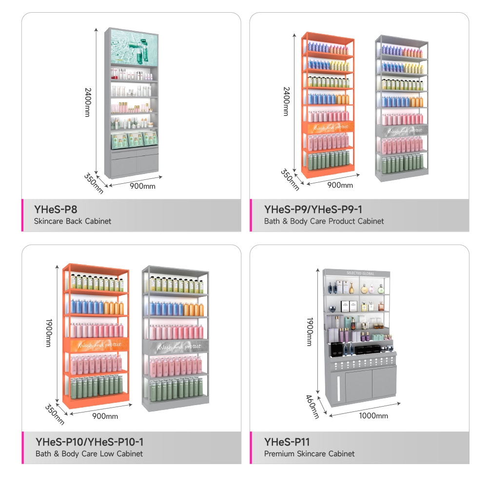 Skincare Shop Gray Wooden Display Rack Washing & Care Shelves with Light-box for Cosmetic Shop Fitting and Retail Store Design