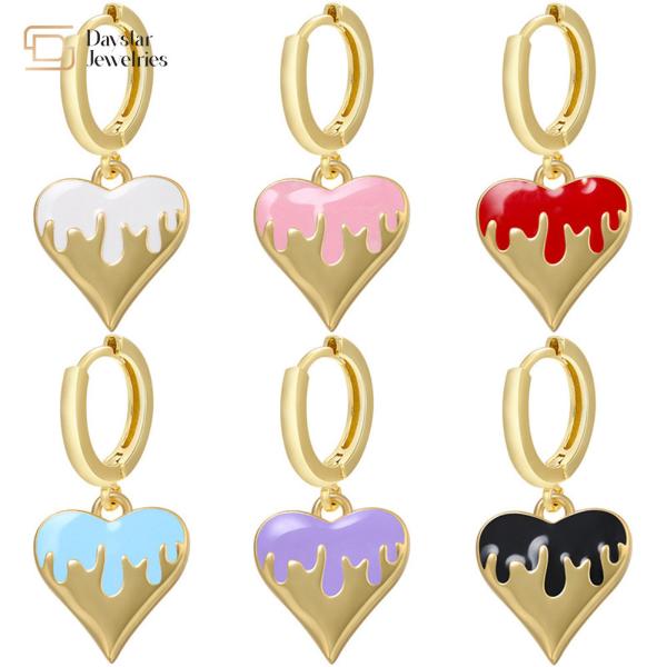 Women 14k Gold Plated Drop Earrings , Colorful Enamel Heart Pendant Hoop