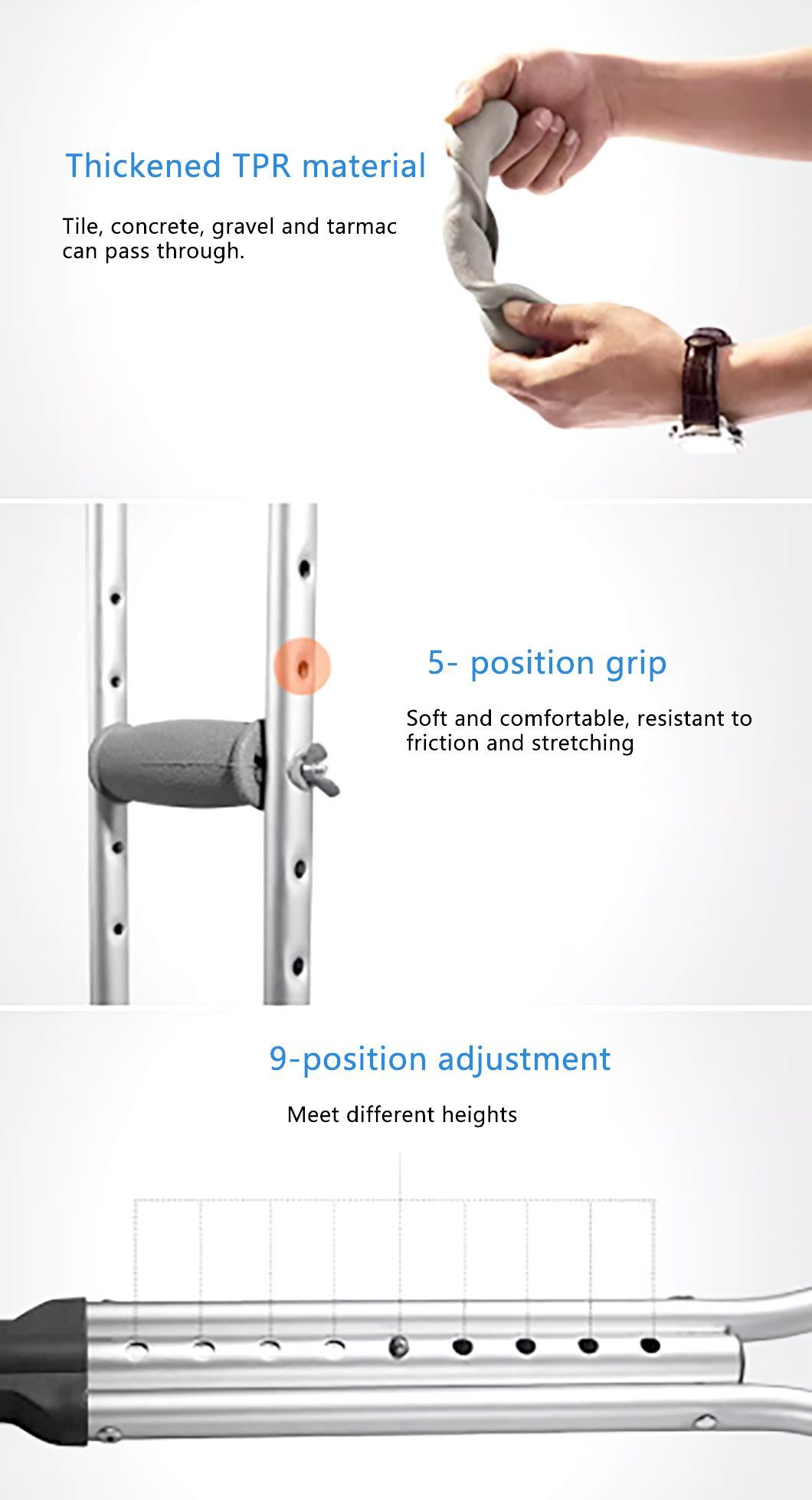 High Quality Aluminum Alloy Adjustable Axillary Crutches Under Arm Folding Crutches for Adults