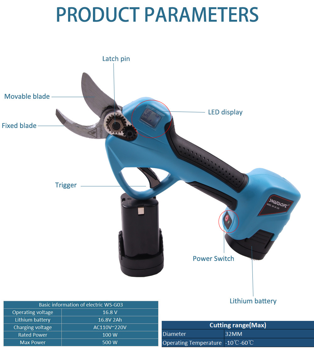 Swansoft 16.8V cordless electric secateurs battery powered pruning shears 3.2cm electric pruning scissors