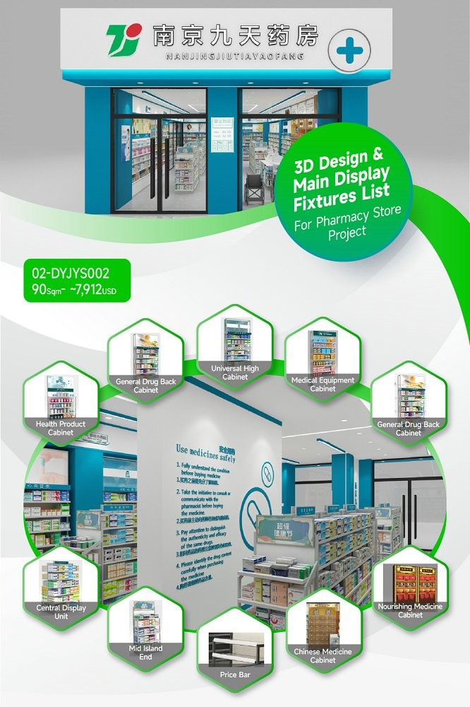 02-DYJYS002, Elegant and Simple Style Pharmacy Shop in Nanjing featuring 39 Main Fixtures within 90 Sqm and Approx. $7,912 Budget