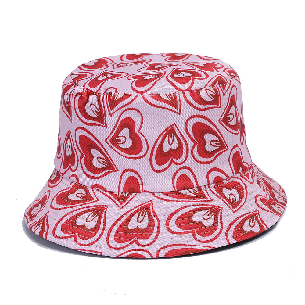 Summer Heart Print Double-Sided Sunscreen Fisherman Hat For Women