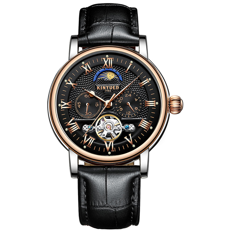 Tourbillon Automatic Movement With Moon Phase Mechanical Watch Fashion Leather Mechanical Mens Watch