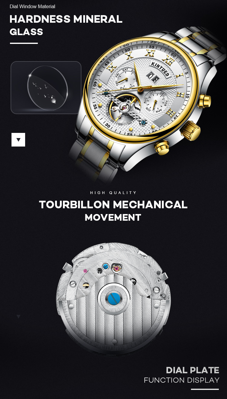 KINYUED Brand Two-Tone Gold Silver Case Automatic Movement Solid Stainless Steel Strap Waterproof Mechanical Men's Watch