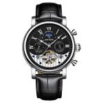 KINYUED leather tourbillion watch mechanical mens moon phase automatic