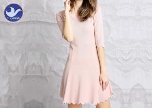 Quality Water Ripple Edge Pink Knitted Jumper Dress Half Sleeves Nipped Waist For Summer wholesale