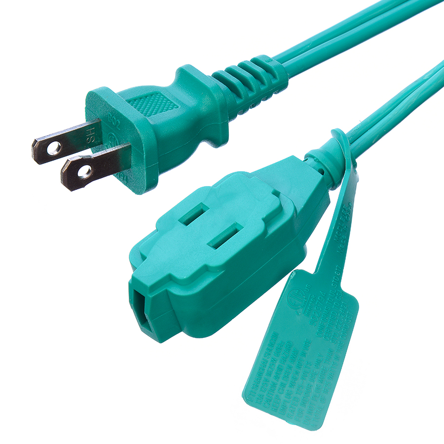 3 Outlet Extension Cord with Green PVC Jacket Material SPT-2 14/2 AWG 6FT/12FT 2 Prong Power Strip and Safety Cap Cover