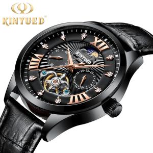 Quality Brand KINYUED Mechanical mens watch luxury luminous moon phase skeleton watch automatic mechanical watch wholesale