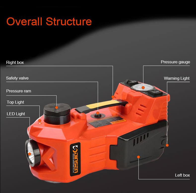 DINSEN 3 in 1 multifunctional 12v electric hydraulic jack ,inflator pump and light.