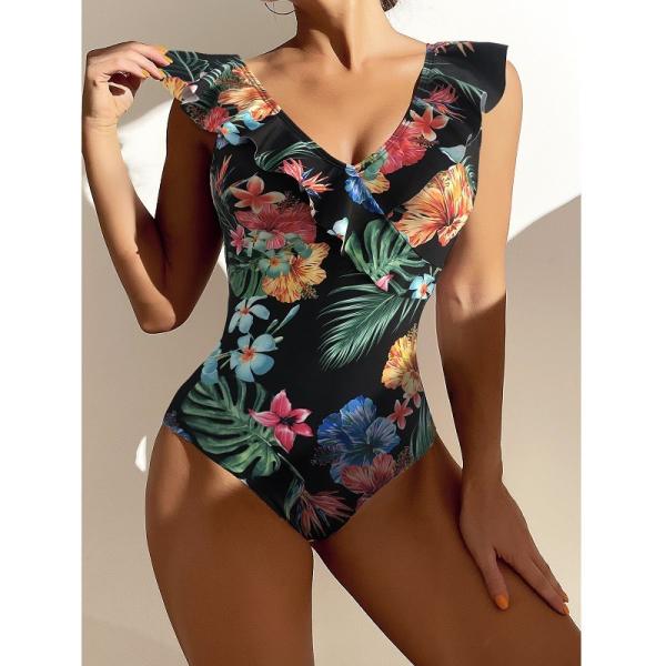 white and black flowers Ladies One-Piece SwimsuitmHigh Waist Sexy Bikini ,