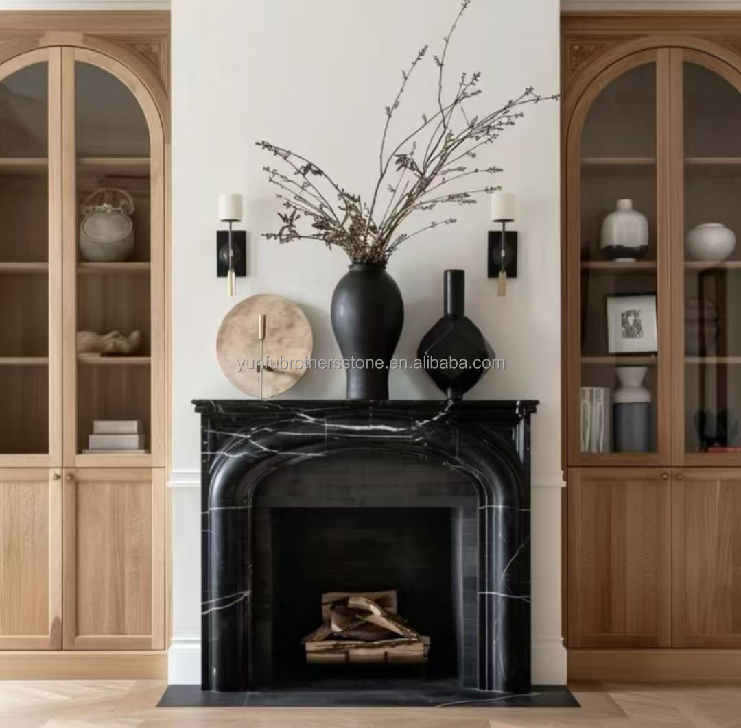 Modern Black Marble Fireplace for Villa Living Room Decoration in European Style