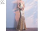 Sparkly Gold Sequin Mermaid Dress / Sexy Sling Backless Ball Gown Long Train