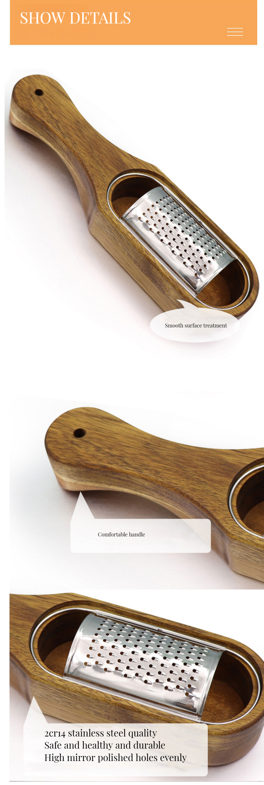 1 Piece Cheese Grater Stainless Steel with Removable Acacia Wood Collection Container