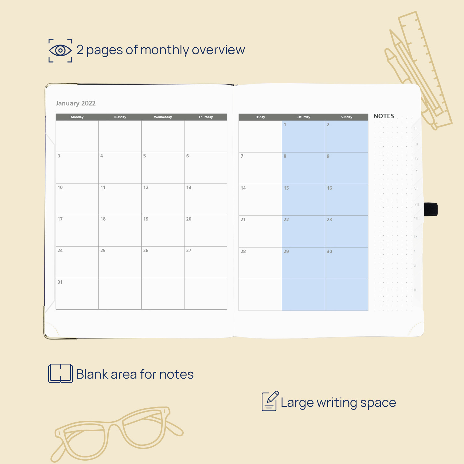 80GSM Academic Weekly Planner 2023 With Hourly Schedule Monthly Tabs