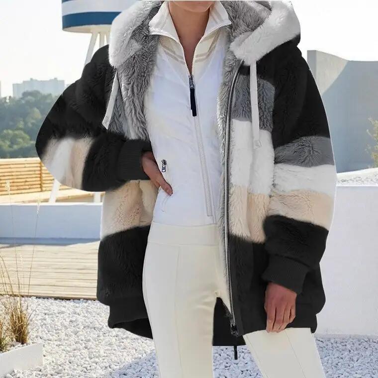 Winter Warm Women&prime;s Jacket Plush Patchwork Zipper Women&prime;s Coats Casual Hooded Loose Jacket for Women