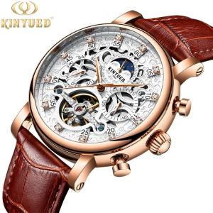 Quality Brand KINYUED watch diamond decoration dial skeleton mens leather automatic mechanical watch wholesale