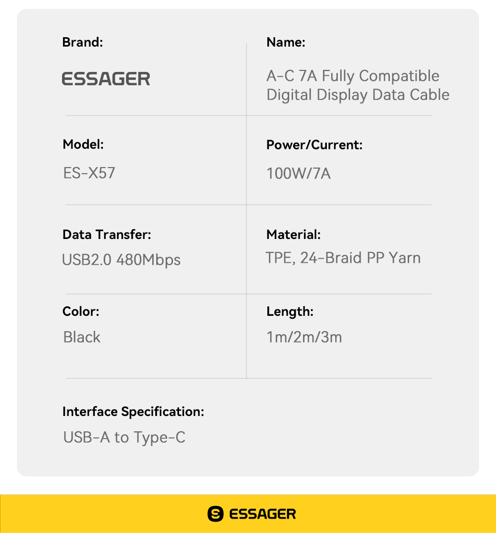 ESSAGER ES-X57 Series 100W USB A to Type C Cable USB C to USB