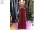 Maroon A Line Lace Prom Dress Sleeveless Top Lace Heavy Beading Sweep Train