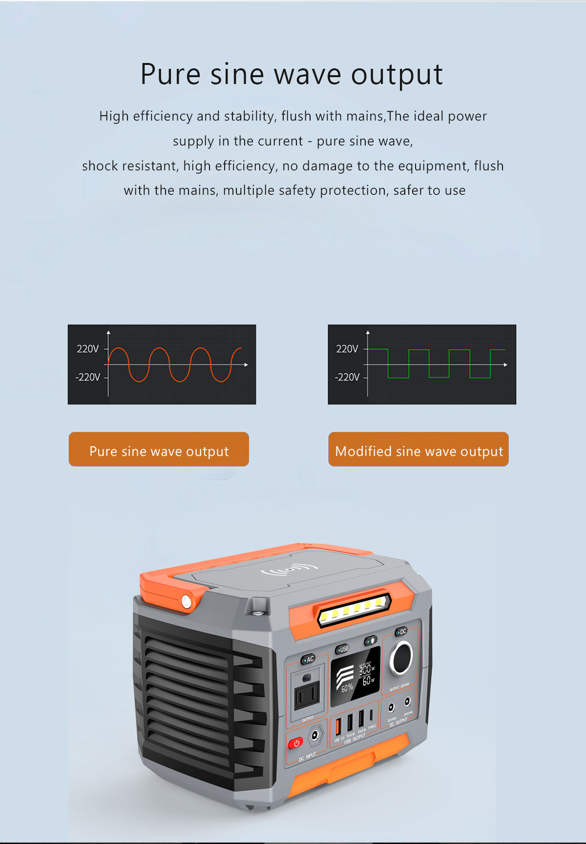 1x AC Pure Sine Wave Output Solar Power Supply with Flashlight and Lithium Ion Battery