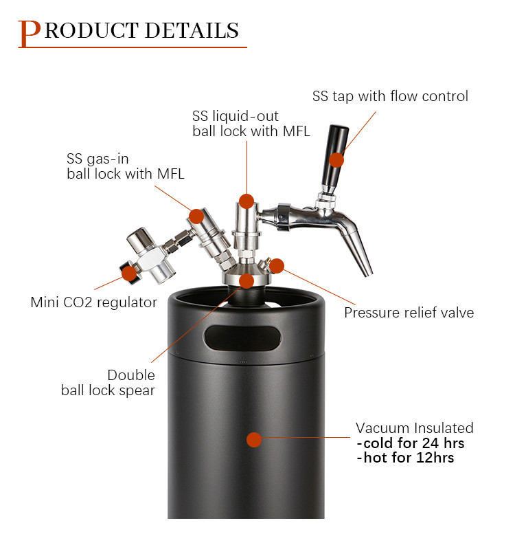 Adjustable Ball Lock Mini Keg , 5 Liter Draft Beer Keg Dispenser