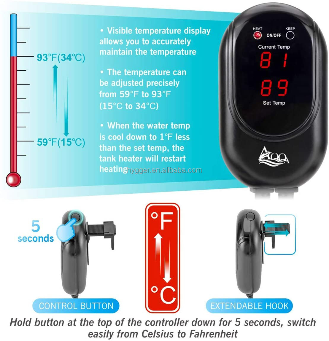 Titanium Temp Controller Hygger Aquarium Heater 50W For Fish Tank
