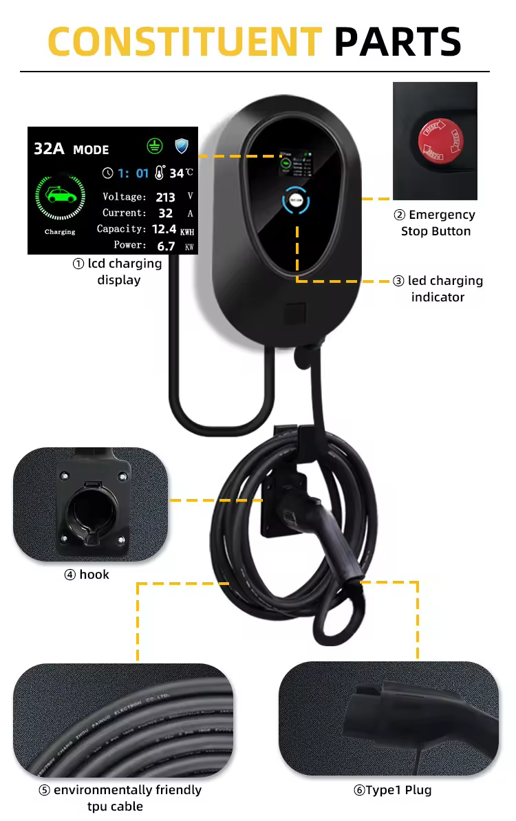 32A 220v Wall Charger Gun Wallbox Fast EV Charger 7kw Electric Car Charging Equipment