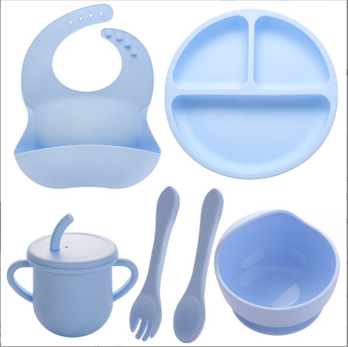 None Design Style Silicone Feeding Set Full Dinner Plate Bowl Cup Spoon Fork Spork for Infants