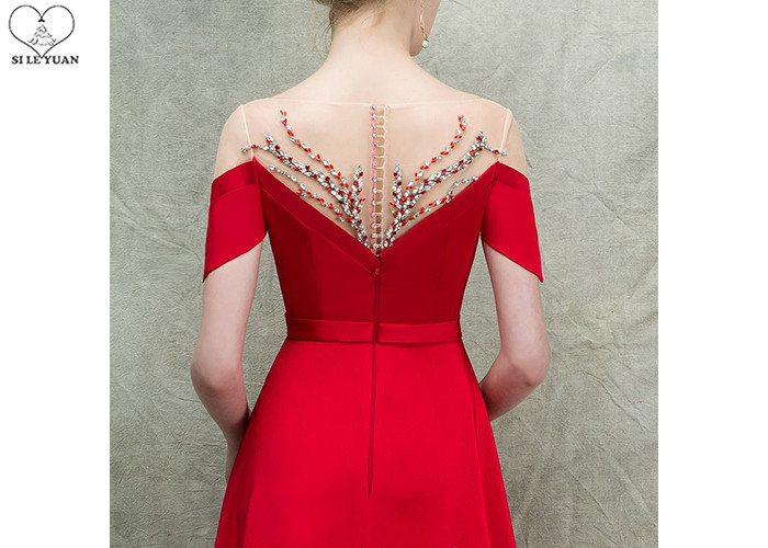 Short Sleeve Long Tail Gown / Red Satin Evening Gown Bust Back Beaded For Women