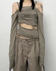Quality Apparel Custom Factory Women'S Off - The - Shoulder Pleated Long - Sleeved Hollow Sling Blouse Top wholesale