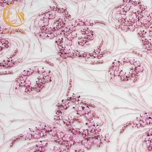 Quality Wedding Dress Pink Heavy Beaded Lace Fabric Customized 20% Polyester wholesale
