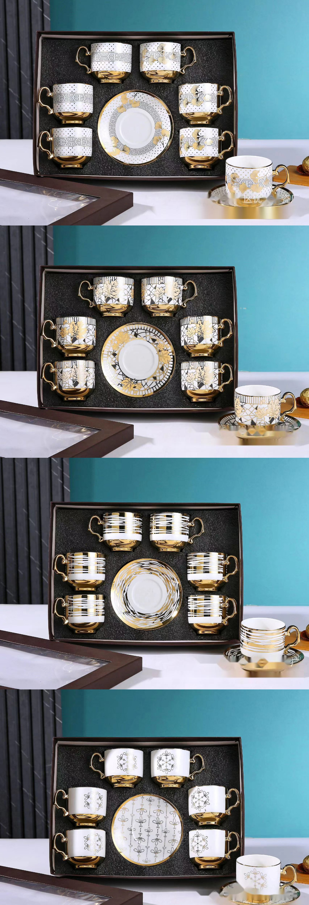 6-Piece Ceramic Tableware Set for Coffee Tea and Cappuccino in Luxury Bamboo Gift Box